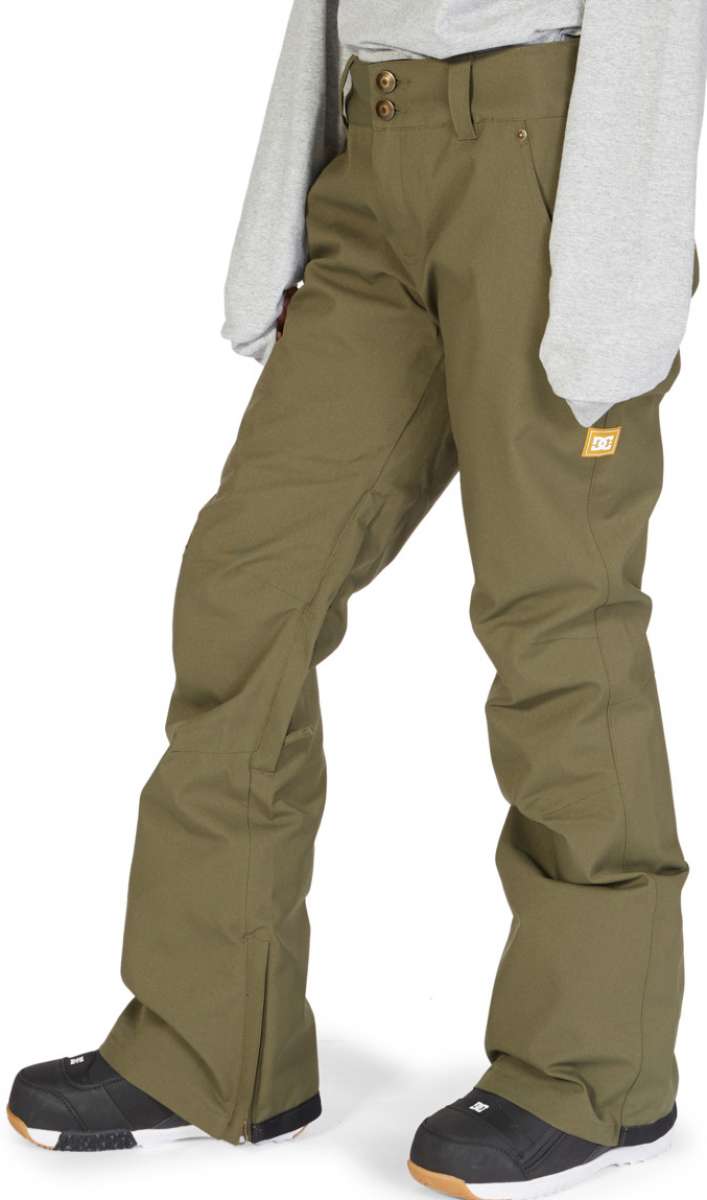 DC Women's Viva Shell Pant 2023 - Olive green snow pants with a zippered ankle pocket on the right leg.