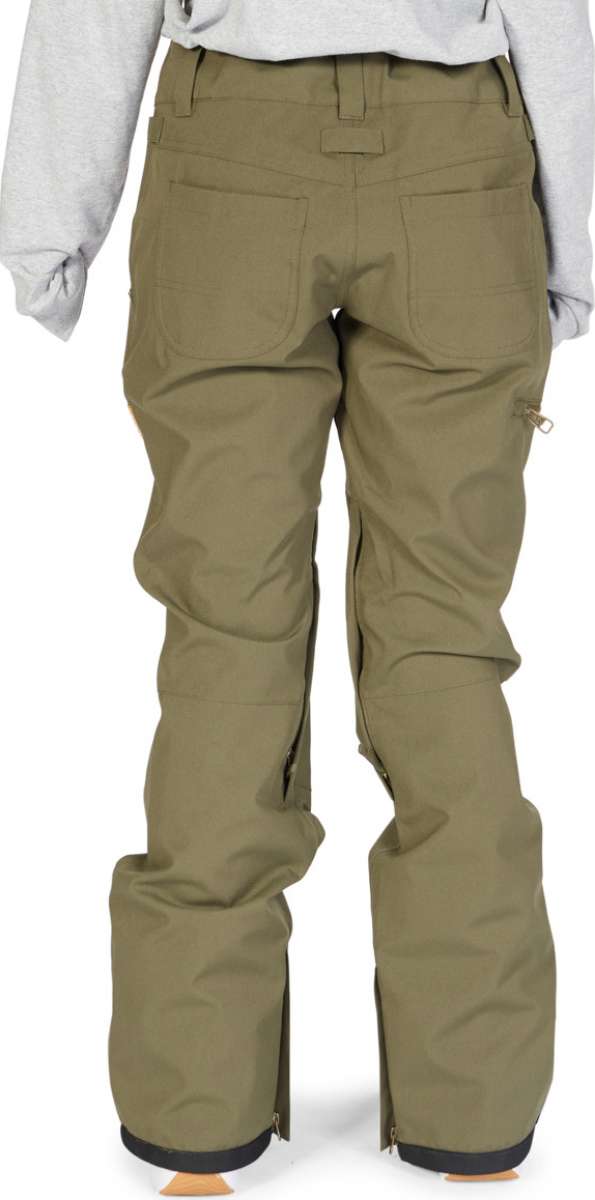 DC Women's Viva Shell Pant 2023 - A pair of khaki-colored snow pants with a zippered pocket on the right thigh and a small zippered pocket on the left hip.