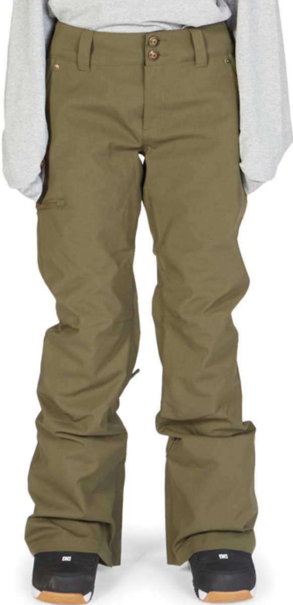 DC Women's Viva Shell Pant 2023 - Olive green pants with a subtle sheen and zippered pockets on both sides.