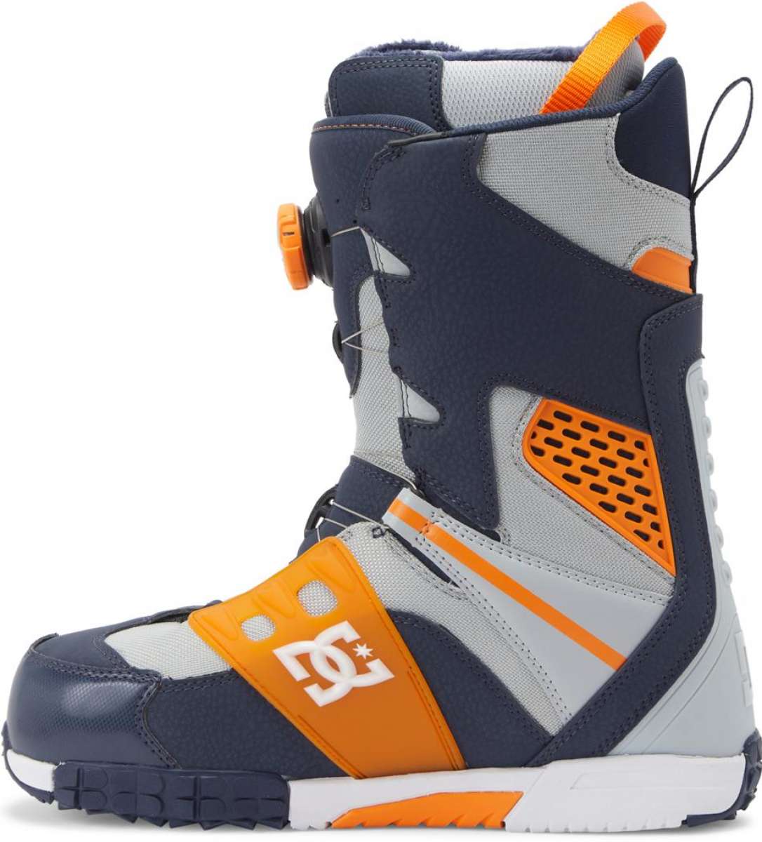 DC Phantom BOA Snowboard Boots 2024 - A pair of snowboard boots with a predominantly black upper and orange accents on the toe, heel, and laces.