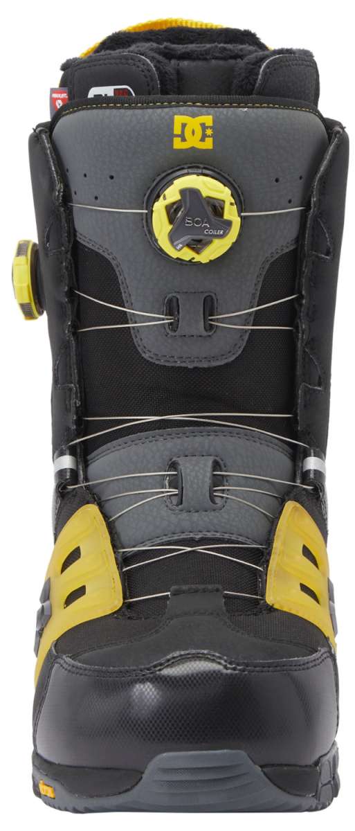 DC Phantom BOA Snowboard Boots 2024 - Black boots with yellow accents and a round black BOA dial on the side.