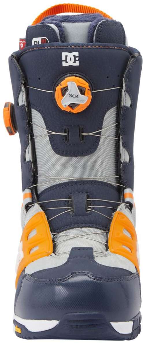 DC Phantom BOA Snowboard Boots 2024 - A pair of navy blue snowboard boots with orange accents and a white logo on top.
