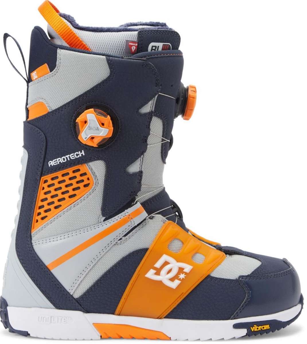 DC Phantom BOA Snowboard Boots 2024 - A pair of snowboard boots with a predominantly black upper and orange accents, featuring a white "BOA" logo on the side.