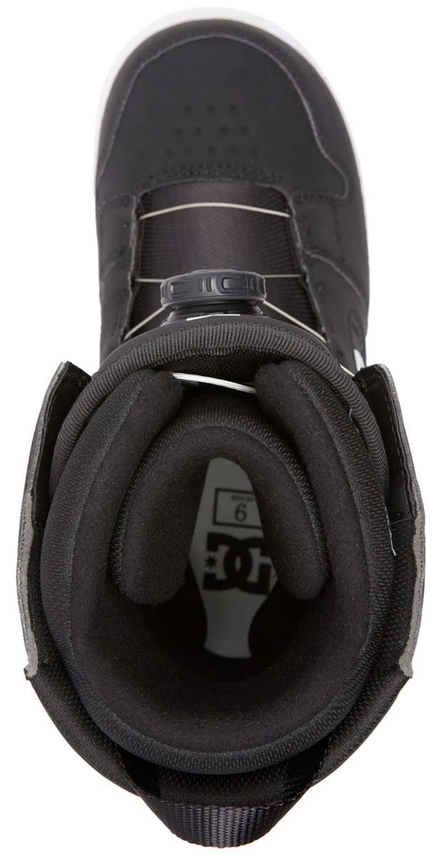 DC Phase BOA Snowboard Boots 2024 - Black boots with white accents and a silver BOA dial on top.