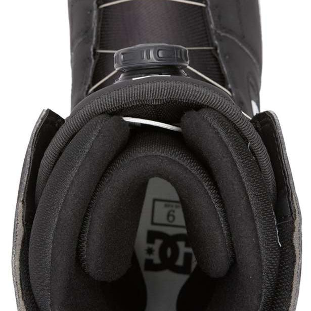 DC Phase BOA Snowboard Boots 2024 - Black boots with white accents and a silver BOA dial on top.