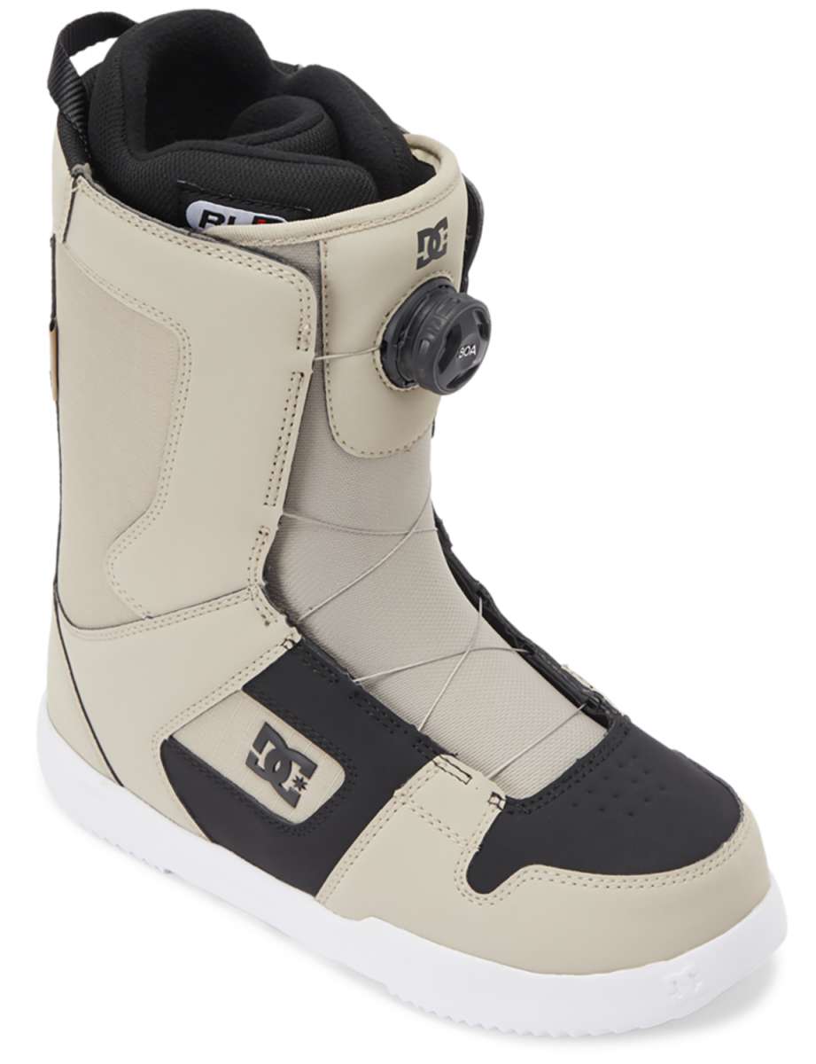 DC Phase BOA Snowboard Boots 2024 - A pair of snowboard boots with a black and white color scheme, featuring a sleek design with a prominent "BOA" logo on the side.
