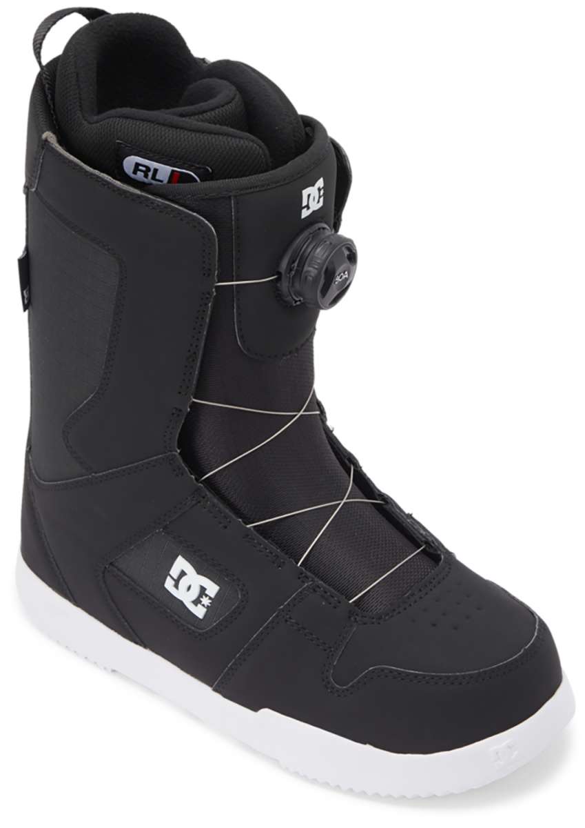 DC Phase BOA Snowboard Boots 2024 - Black snowboard boots with white accents and a black BOA dial on the side.