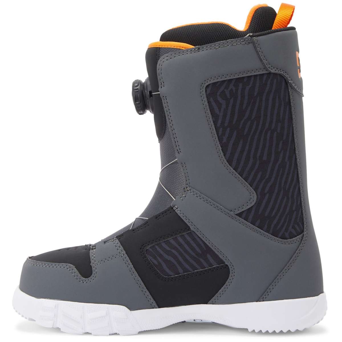 DC Phase BOA Snowboard Boots 2024 - Black boots with orange accents and a black zipper on the side.
