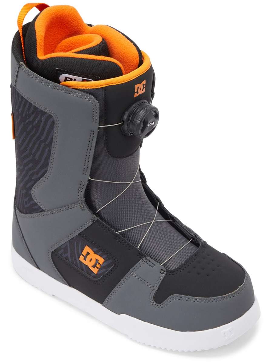 DC Phase BOA Snowboard Boots 2024 - Black boots with orange accents and a black BOA dial on top.