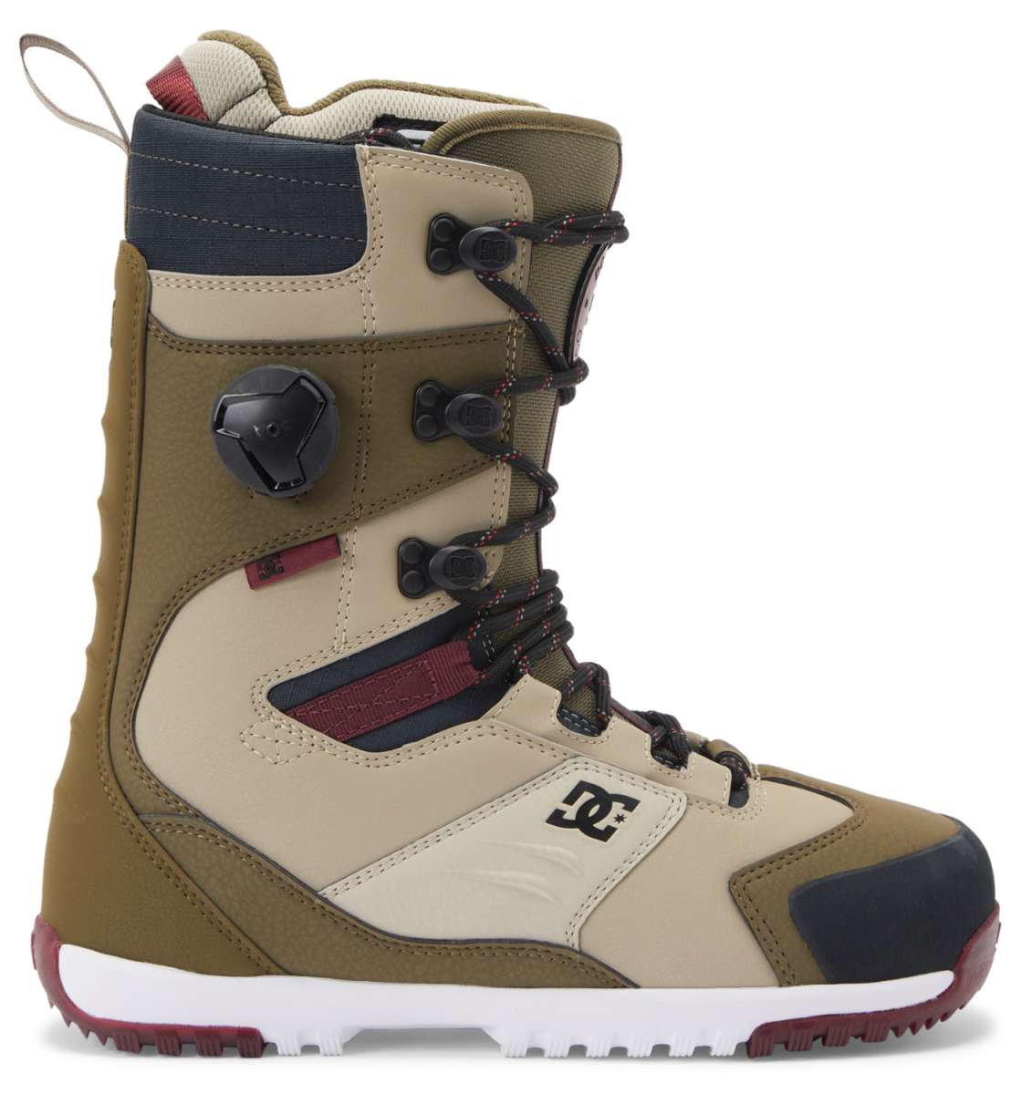 DC Premier Hybrid Snowboard Boots 2024 - A pair of tan snowboard boots with black laces and a red logo on the side.