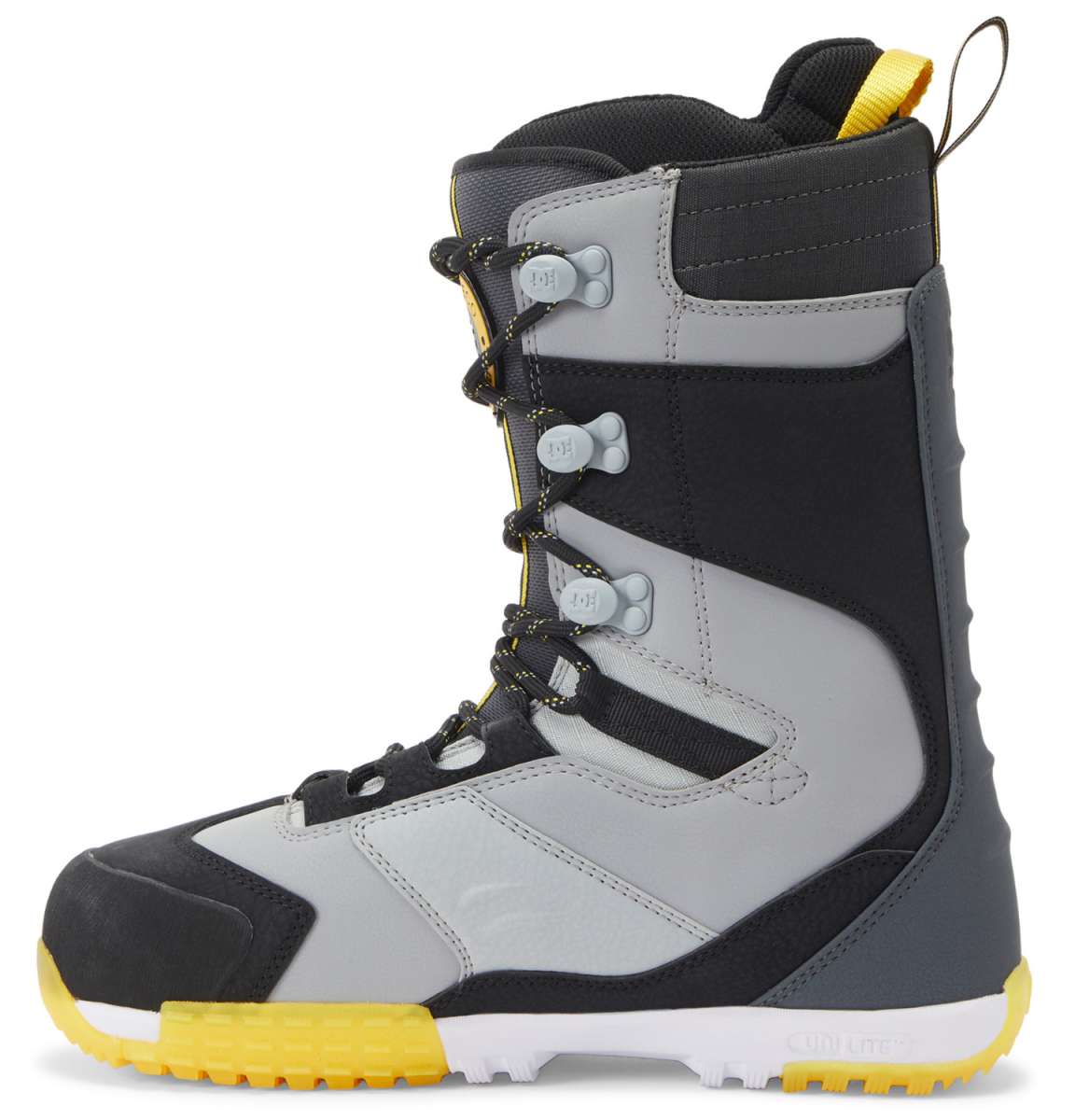 DC Premier Hybrid Snowboard Boots 2024 - A pair of snowboard boots with a predominantly black upper and yellow accents on the laces, heel, and toe cap.