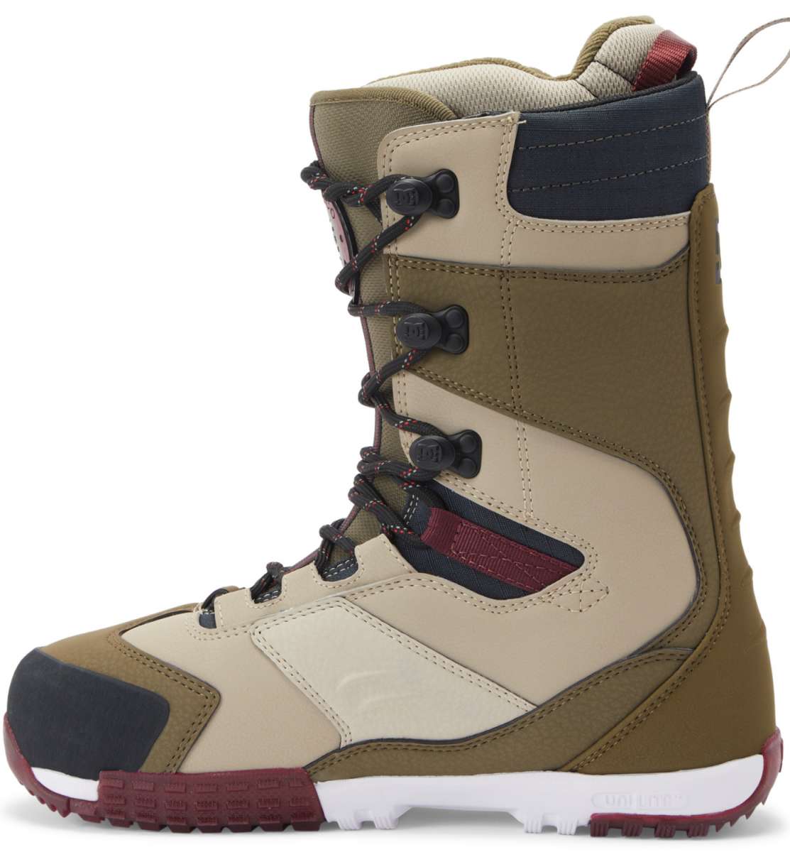 DC Premier Hybrid Snowboard Boots 2024 - A pair of tan snowboard boots with black laces and a red logo on the side.