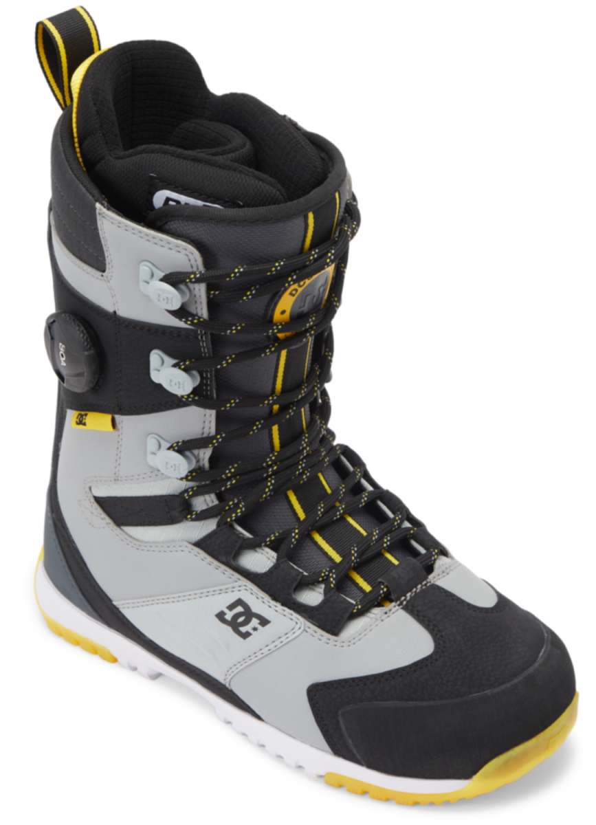 DC Premier Hybrid Snowboard Boots 2024 - Black boots with yellow accents and white soles.