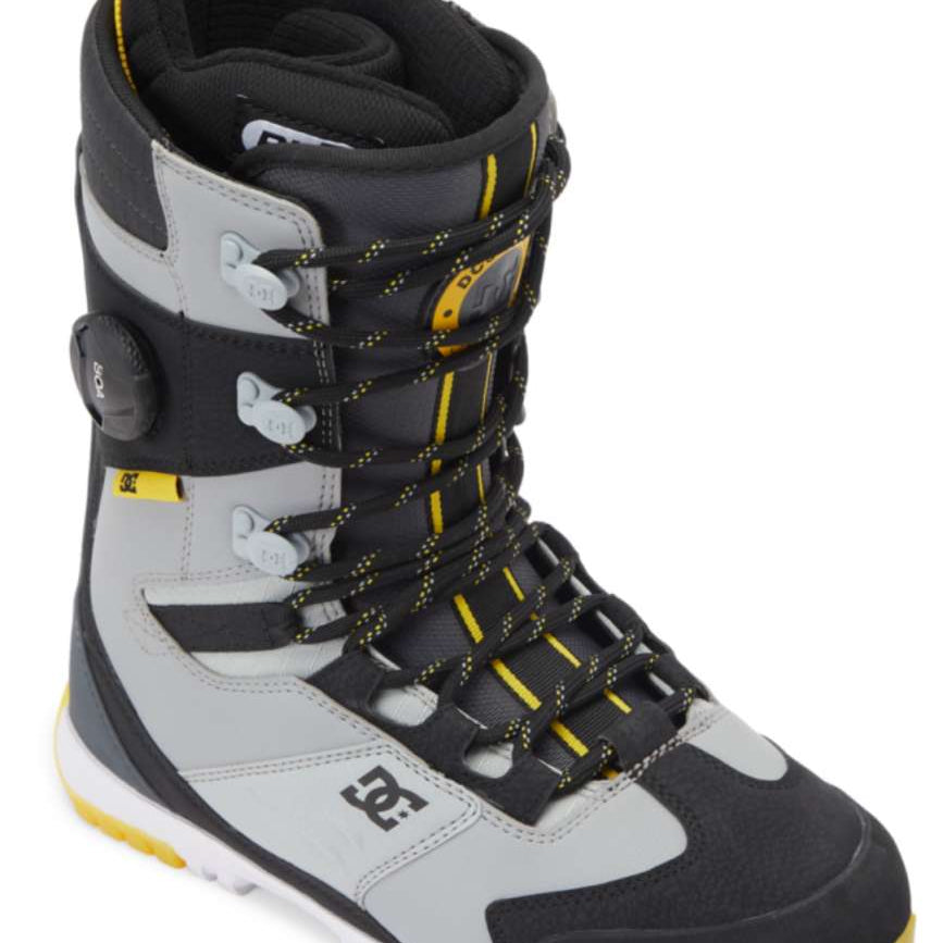 DC Premier Hybrid Snowboard Boots 2024 - Black boots with yellow accents and white soles.