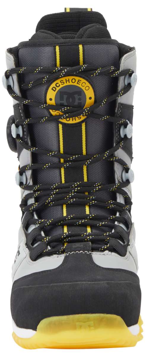 DC Premier Hybrid Snowboard Boots 2024 - A pair of snowboard boots with a predominantly black upper and yellow accents on the laces, tongue, and heel.