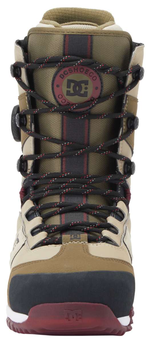 DC Premier Hybrid Snowboard Boots 2024 - A pair of tan snowboard boots with black laces and a red logo on the side.