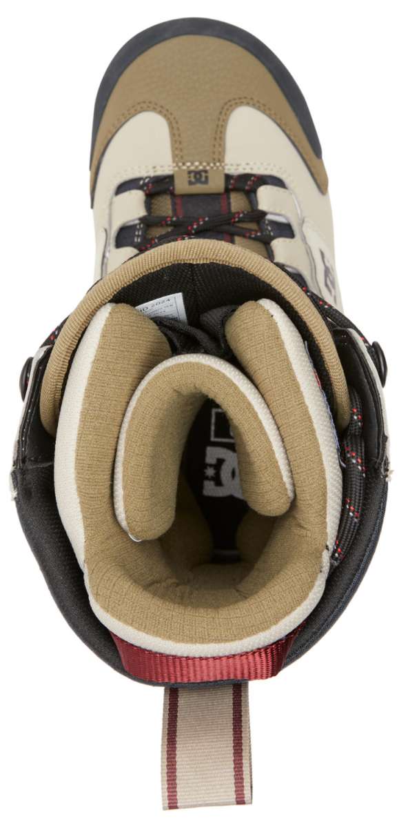 DC Premier Hybrid Snowboard Boots 2024 - A pair of snowboard boots with a tan and black upper, featuring red accents on the tongue and heel.