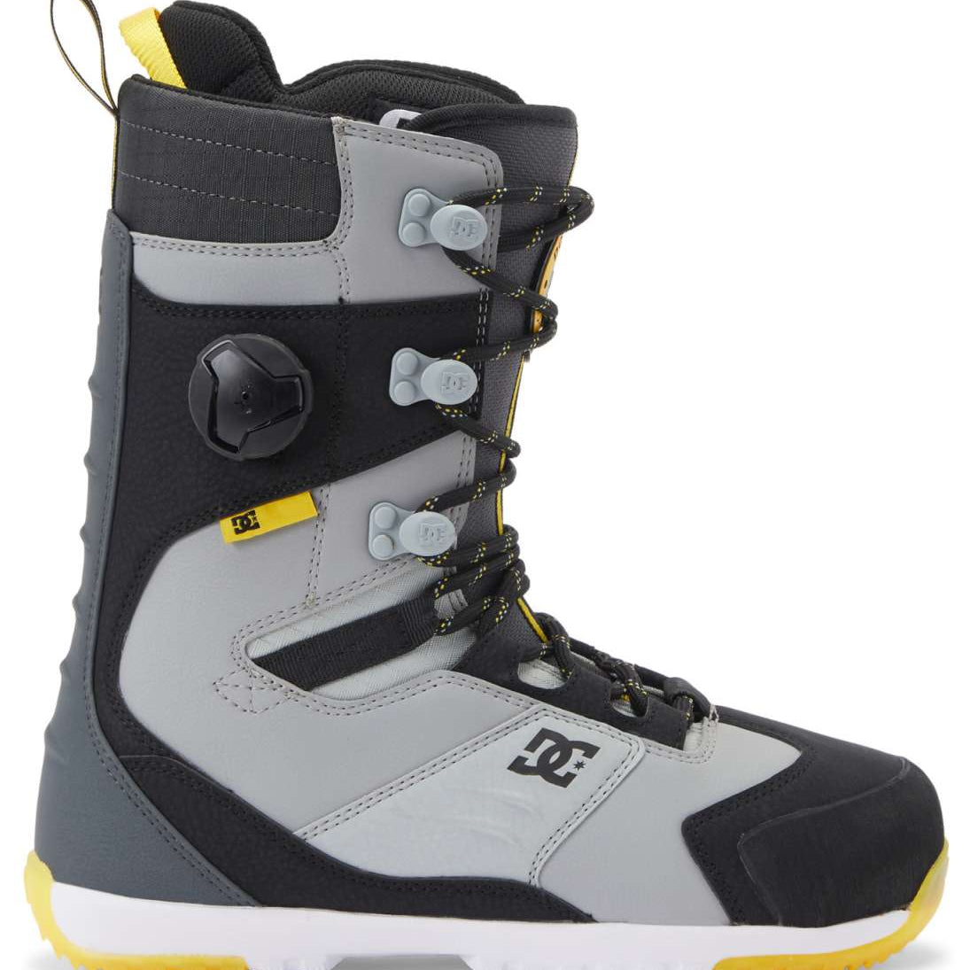 DC Premier Hybrid Snowboard Boots 2024 - A pair of snowboard boots with a predominantly black upper and yellow accents on the heel and toe.