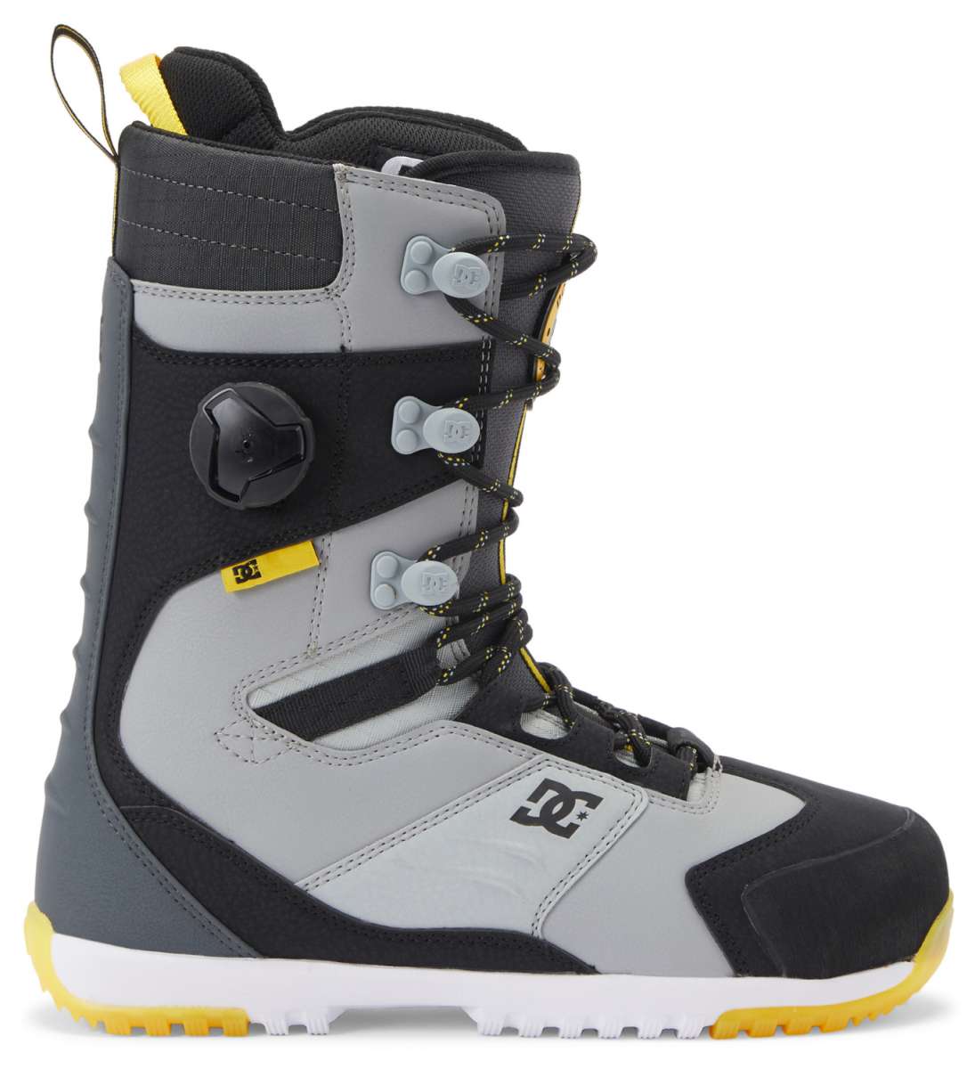 DC Premier Hybrid Snowboard Boots 2024 - A pair of snowboard boots with a predominantly black upper and yellow accents on the heel and toe.