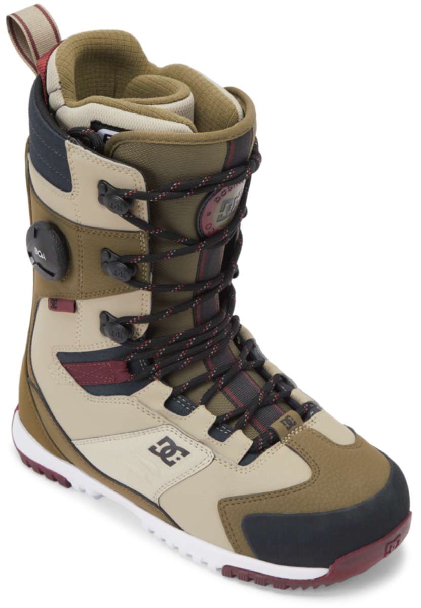 DC Premier Hybrid Snowboard Boots 2024 - A pair of tan snowboard boots with black laces and a red logo on the side.