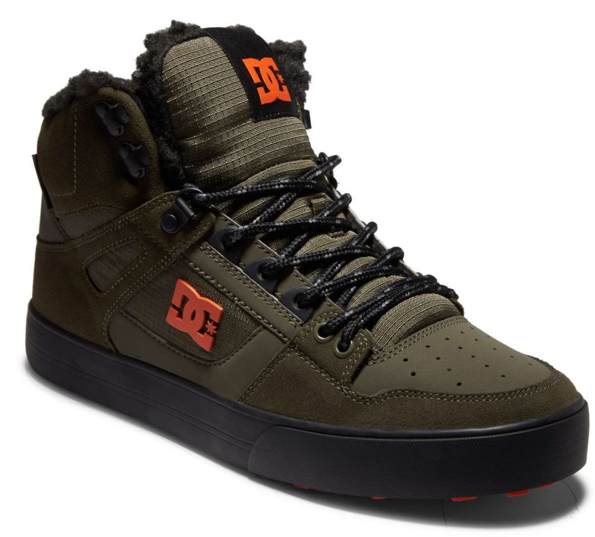 DC Pure High Top Winter Shoes 2022 - A pair of high-top shoes with a thick sole and laces, featuring an orange logo on the side.