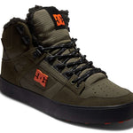 DC Pure High Top Winter Shoes 2022 - A pair of high-top shoes with a thick sole and laces, featuring an orange logo on the side.