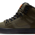 DC Pure High Top Winter Shoes 2022 - A pair of high-top shoes with a dark green upper and black laces, featuring a small orange logo on the side.