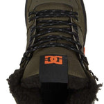 DC Pure High Top Winter Shoes 2022 - A pair of high-top shoes with a dark-colored upper and laces, featuring a DC logo on the side.