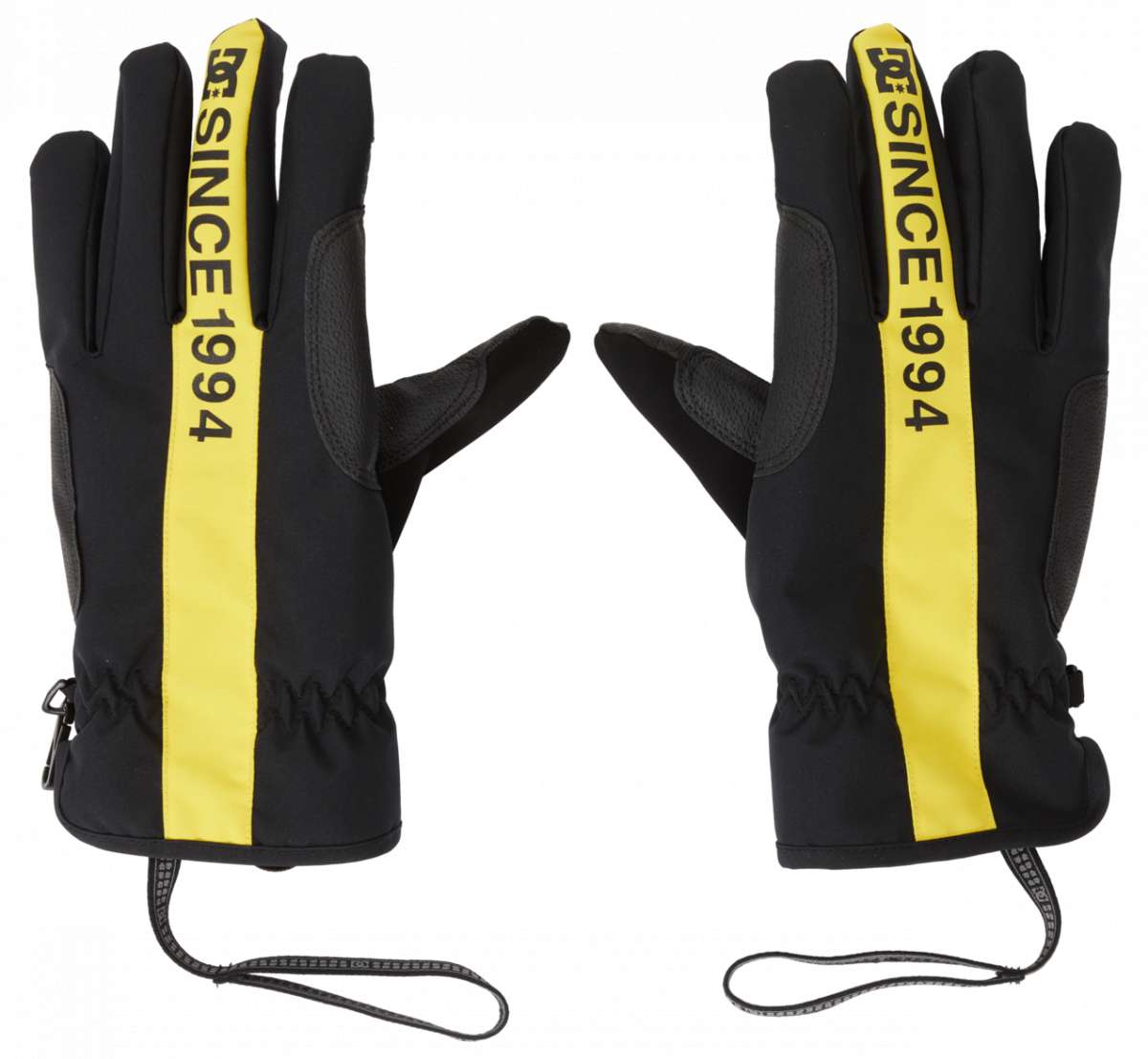 DC Salute Gloves 2024 - Black gloves with yellow accents on the wrist strap and fingers.