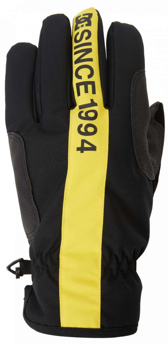 DC Salute Gloves 2024 - Black gloves with yellow accents on the wrist strap and fingers.
