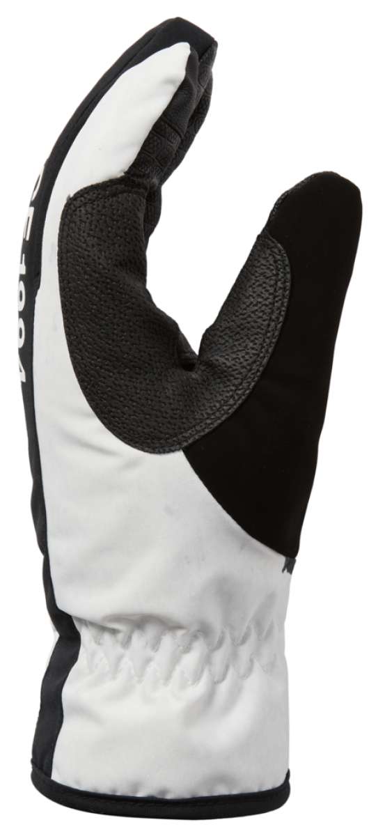DC Salute Gloves 2024 - Black gloves with white accents on cuff and palm, featuring a textured grip pattern on palms.