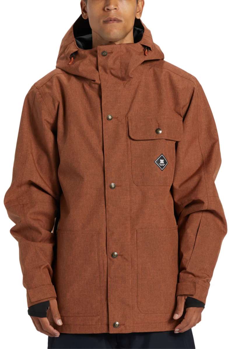 DC Servo Insulated Jacket - A brown jacket with a hood, featuring a small black and white logo on the left chest pocket.