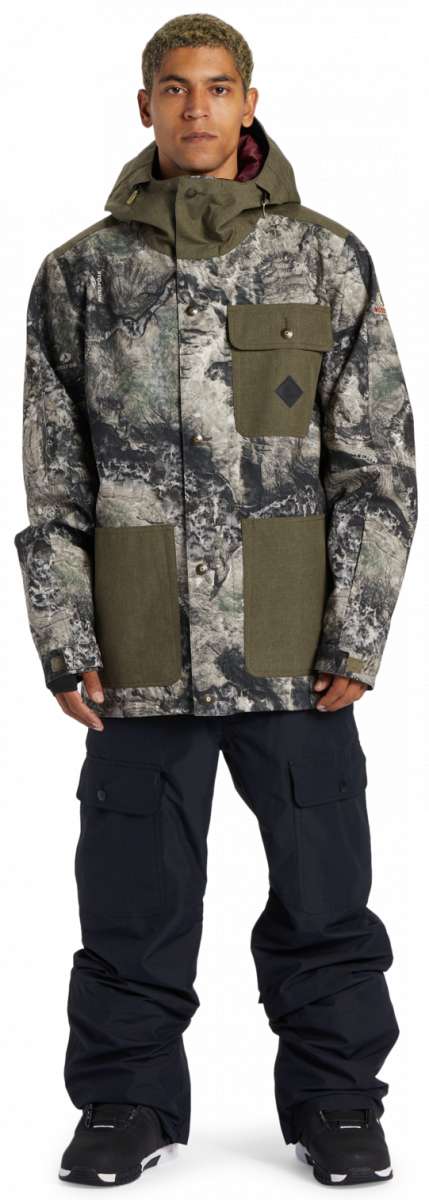 DC Servo Insulated Jacket - A black, white, and grey camouflage patterned jacket with a hood.