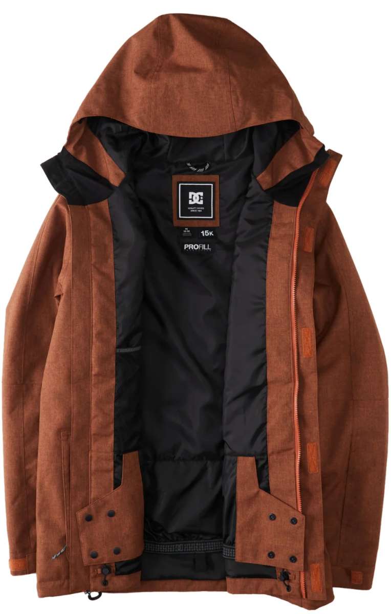 DC Servo Insulated Jacket 2024 - A brown jacket with a hood, featuring a black zipper and two zippered pockets on the front.
