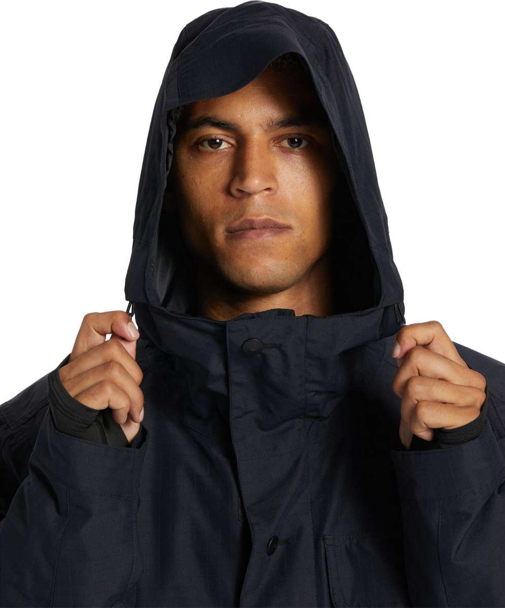 DC Servo Insulated Jacket - A black insulated jacket with a hood, featuring a zippered front and two pockets on either side.