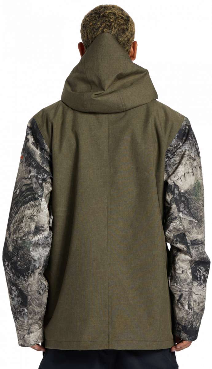 DC Servo Insulated Jacket 2024 - A dark green jacket with a hood, featuring a patterned sleeve and an orange logo on the left shoulder.