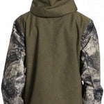 DC Servo Insulated Jacket 2024 - A dark green jacket with a hood, featuring a patterned sleeve and an orange logo on the left shoulder.