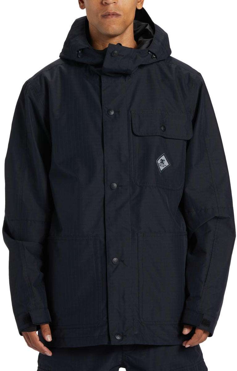 DC Servo Insulated Jacket - A black insulated jacket with a hood, featuring two chest pockets and a zippered front.