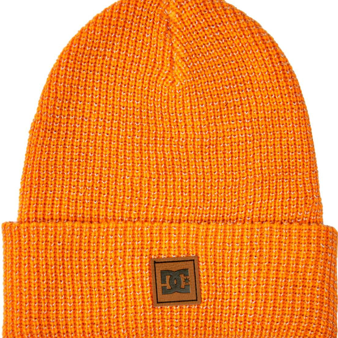 DC Sight Beanie - A bright orange beanie with a small brown logo featuring "DC" in black letters on the front.
