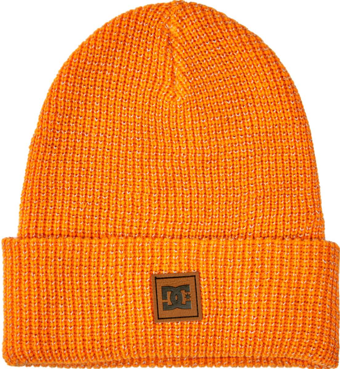 DC Sight Beanie - A bright orange beanie with a small brown logo featuring "DC" in black letters on the front.