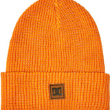 DC Sight Beanie - A bright orange beanie with a small brown logo featuring "DC" in black letters on the front.