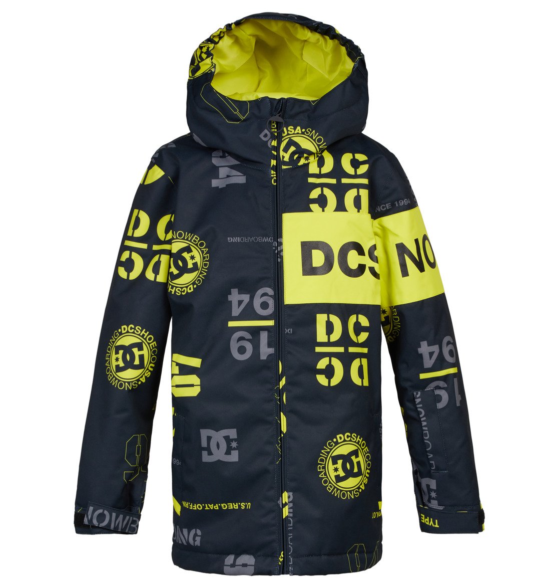 DC Youth Propaganda Jacket 2022 - A navy blue jacket with a repeating pattern of yellow and gray logos, featuring a hood and zip closure.
