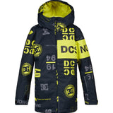 DC Youth Propaganda Jacket 2022 - A navy blue jacket with a repeating pattern of yellow and gray logos, featuring a hood and zip closure.