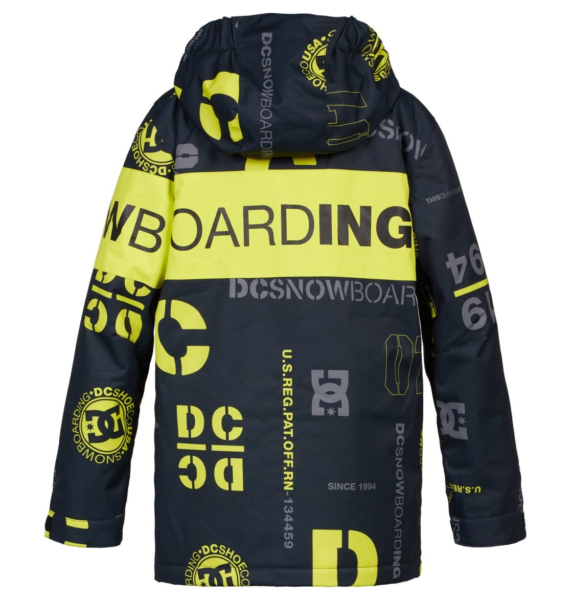 DC Youth Propaganda Jacket 2022 - A black jacket with a repeating pattern of yellow and gray logos, featuring a hood and zippered pockets.