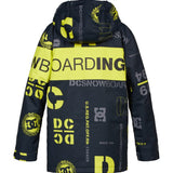 DC Youth Propaganda Jacket 2022 - A black jacket with a repeating pattern of yellow and gray logos, featuring a hood and zippered pockets.