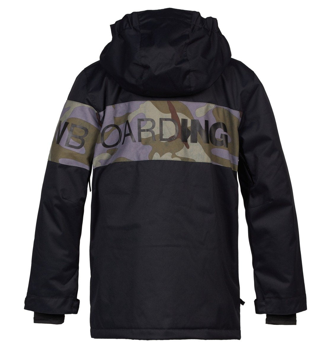 DC Youth Propaganda Jacket 2022 - A black jacket with a camouflage pattern on the chest and sleeves, featuring a hood and zippered pockets.