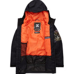 DC Youth Propaganda Jacket 2022 - A black youth jacket with a camouflage pattern on the sleeve and a white logo on the chest.