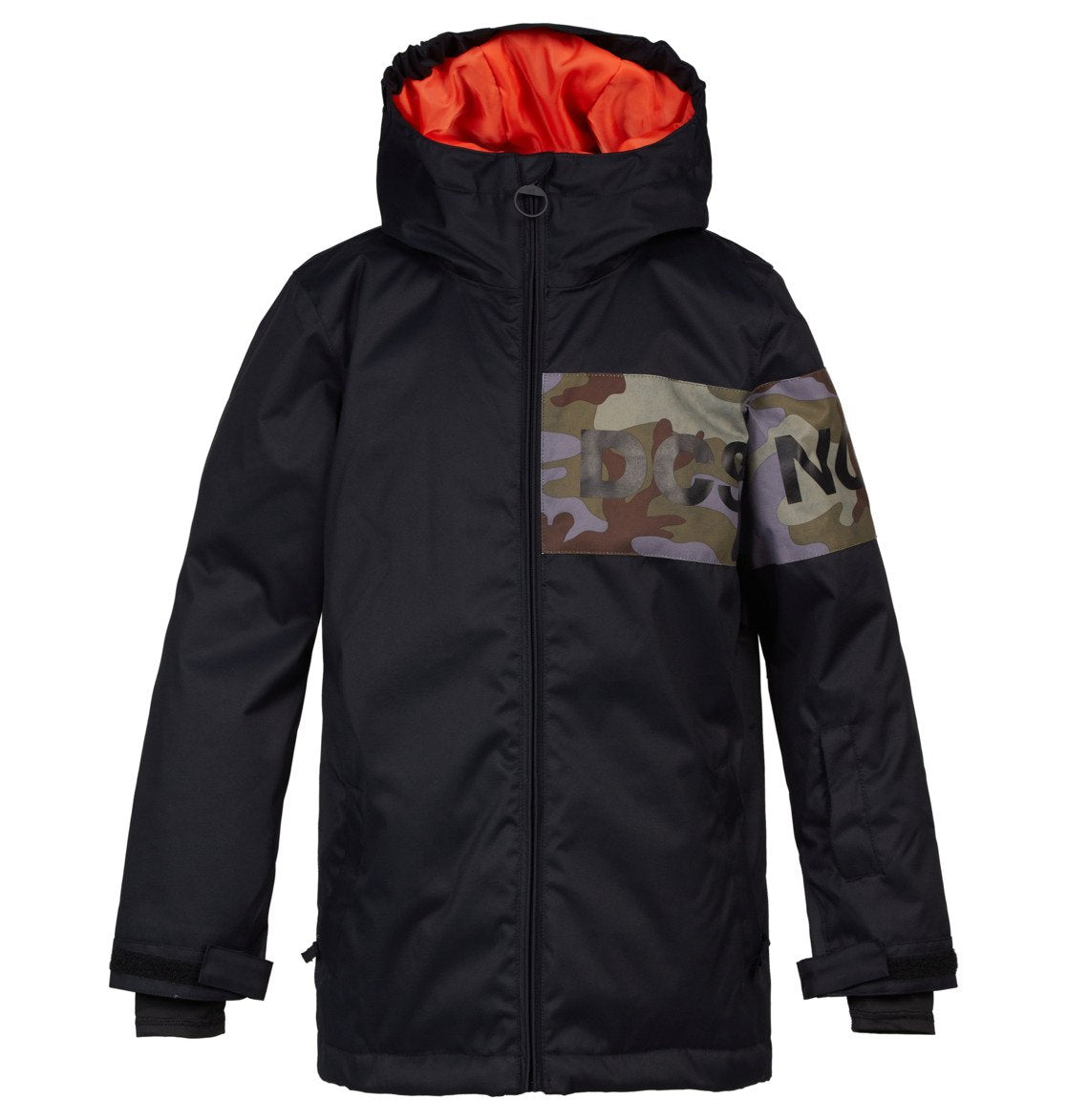 DC Youth Propaganda Jacket 2022 - A black youth jacket with a camouflage logo on the chest and an orange lining visible inside the hood.