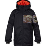 DC Youth Propaganda Jacket 2022 - A black youth jacket with a camouflage logo on the chest and an orange lining visible inside the hood.