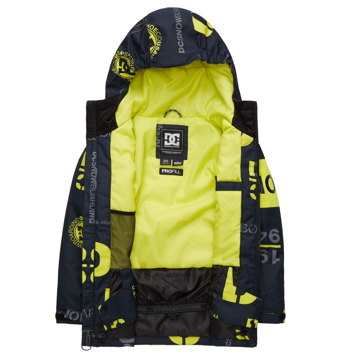 DC Youth Propaganda Jacket 2022 - A navy blue jacket with a large yellow and white logo on the back, featuring a hood and zippered pockets.
